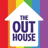 Logo of 'The Out House' with a rainbow stripe background, white house with The Out House written in purple on the front.