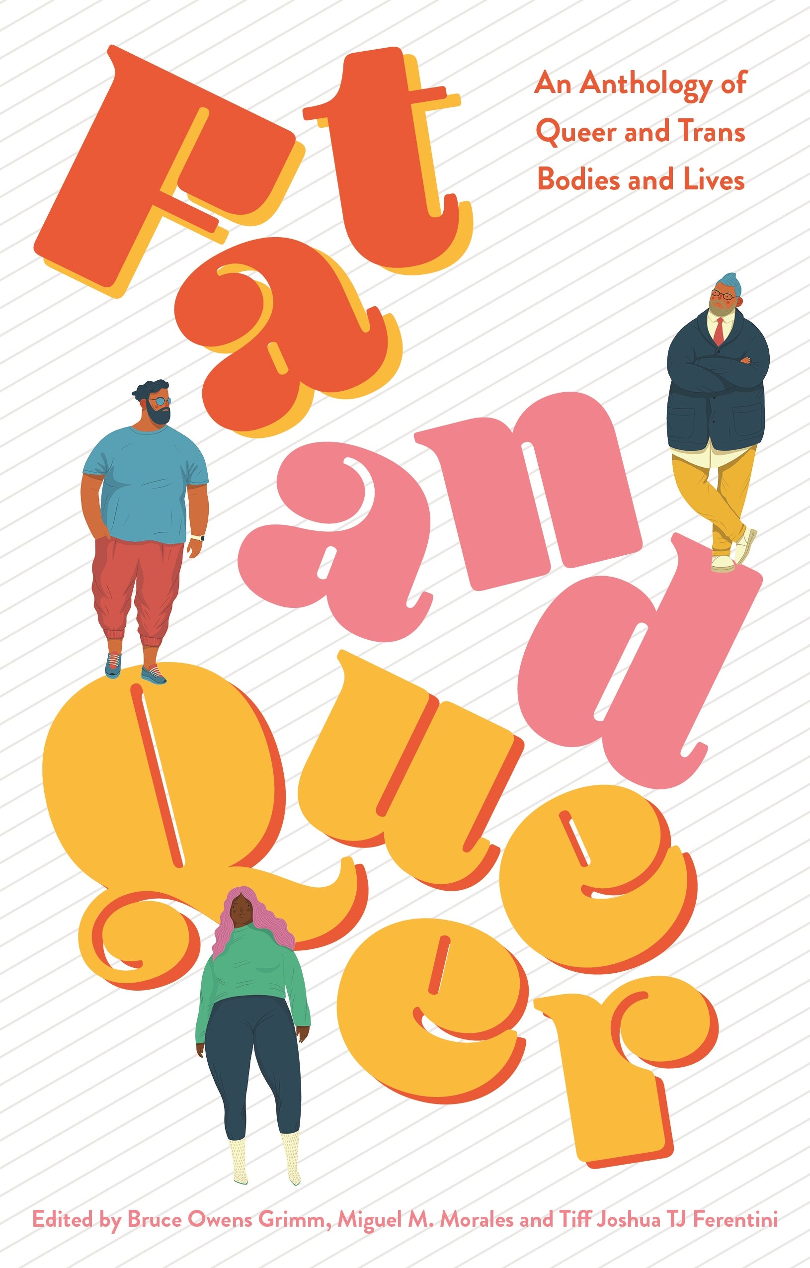 Book cover of 'Fat and Queer' with colorful text and figures on a white background