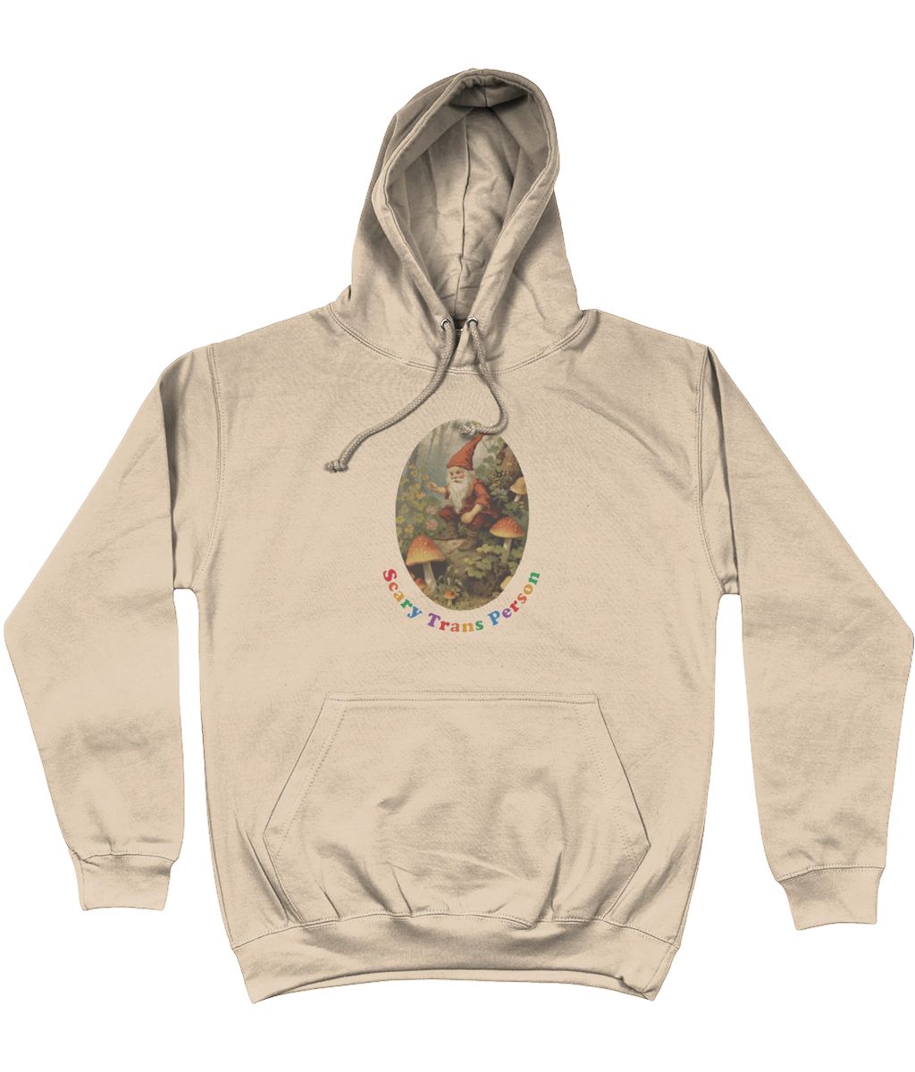 Beige hoodie with a woodland gnome graphic and 'Scary Trans Person' text on a white background