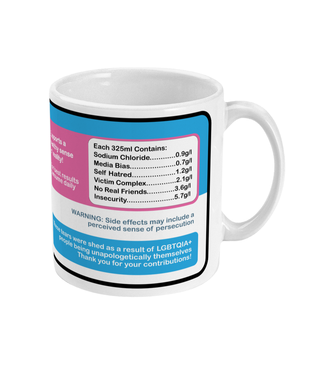 Mug with a label design resembling a medication container on a white background