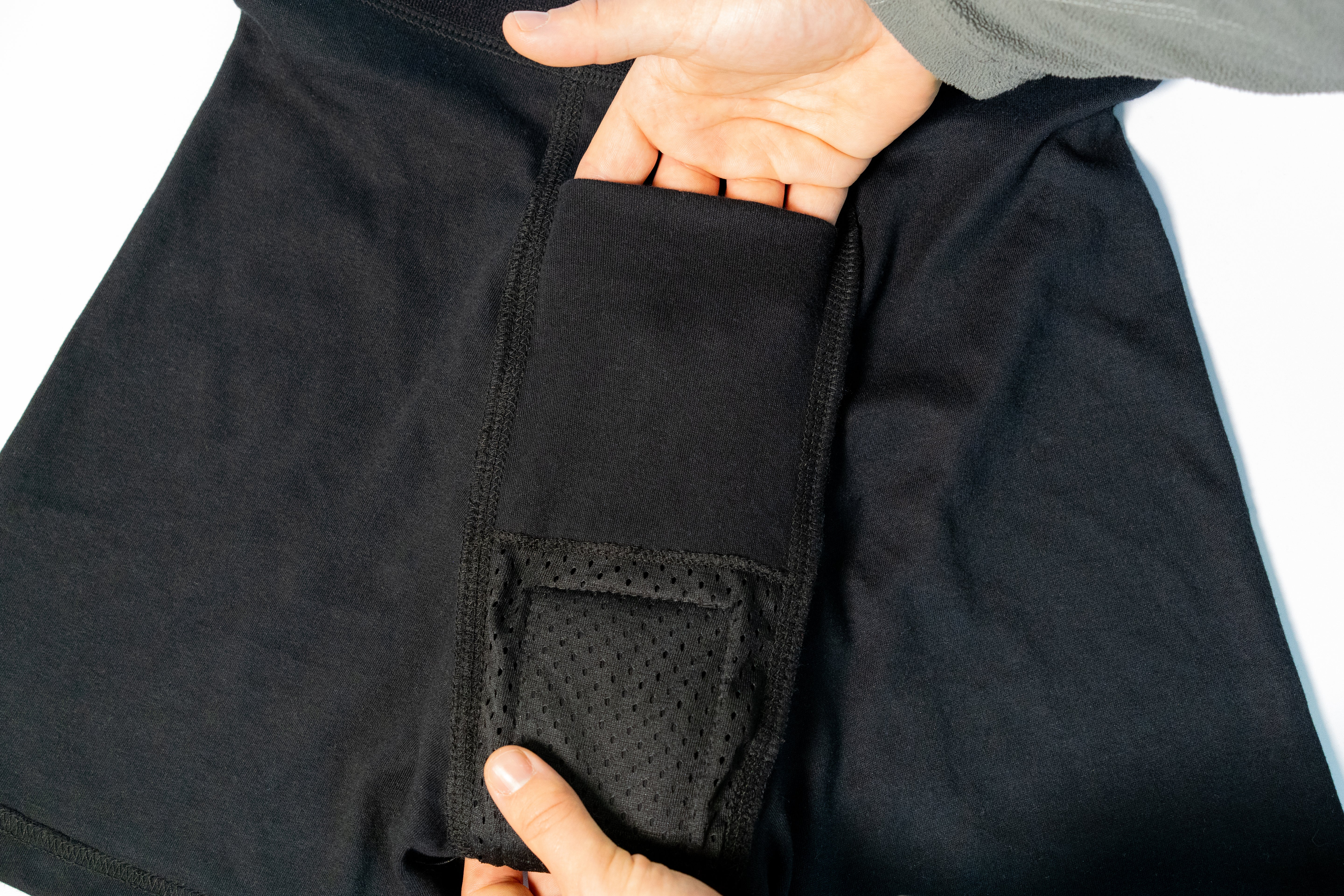 Close-up of the internal construction of packing boxers with built in reusable pad.