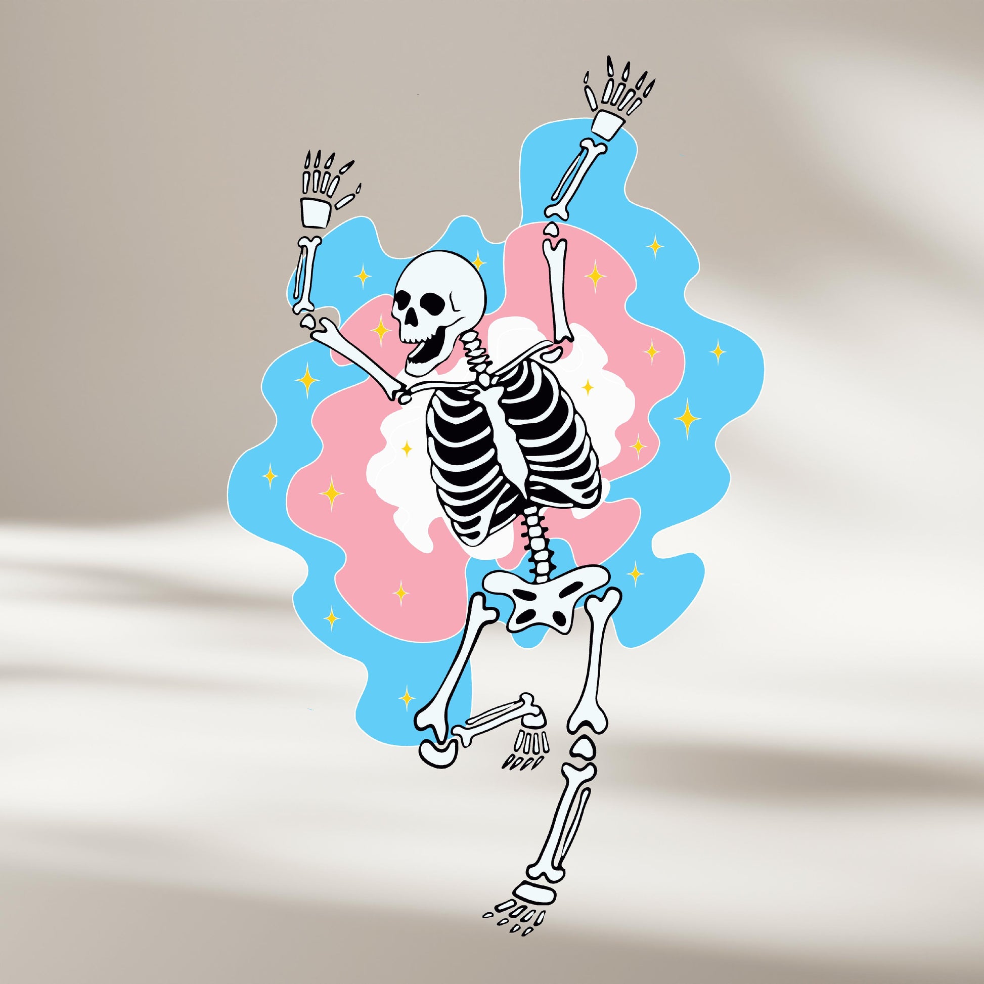 Cartoon skeleton on a colorful blue and pink cloud background